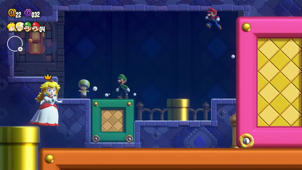 Peach, Toad Amarelo, Luigi e Mario em ação