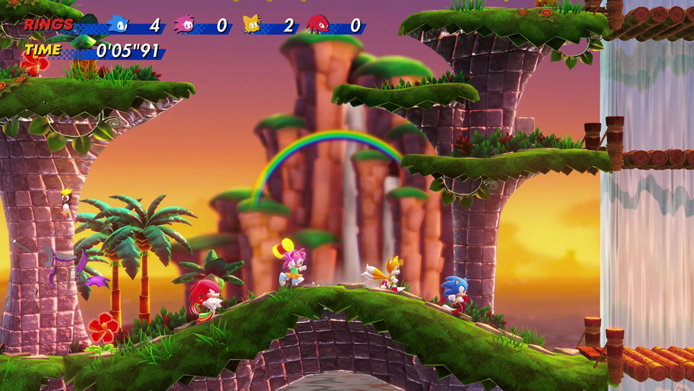 Sonic, Tails, Knuckles e Amy em plataforma do jogo Sonic Superstars