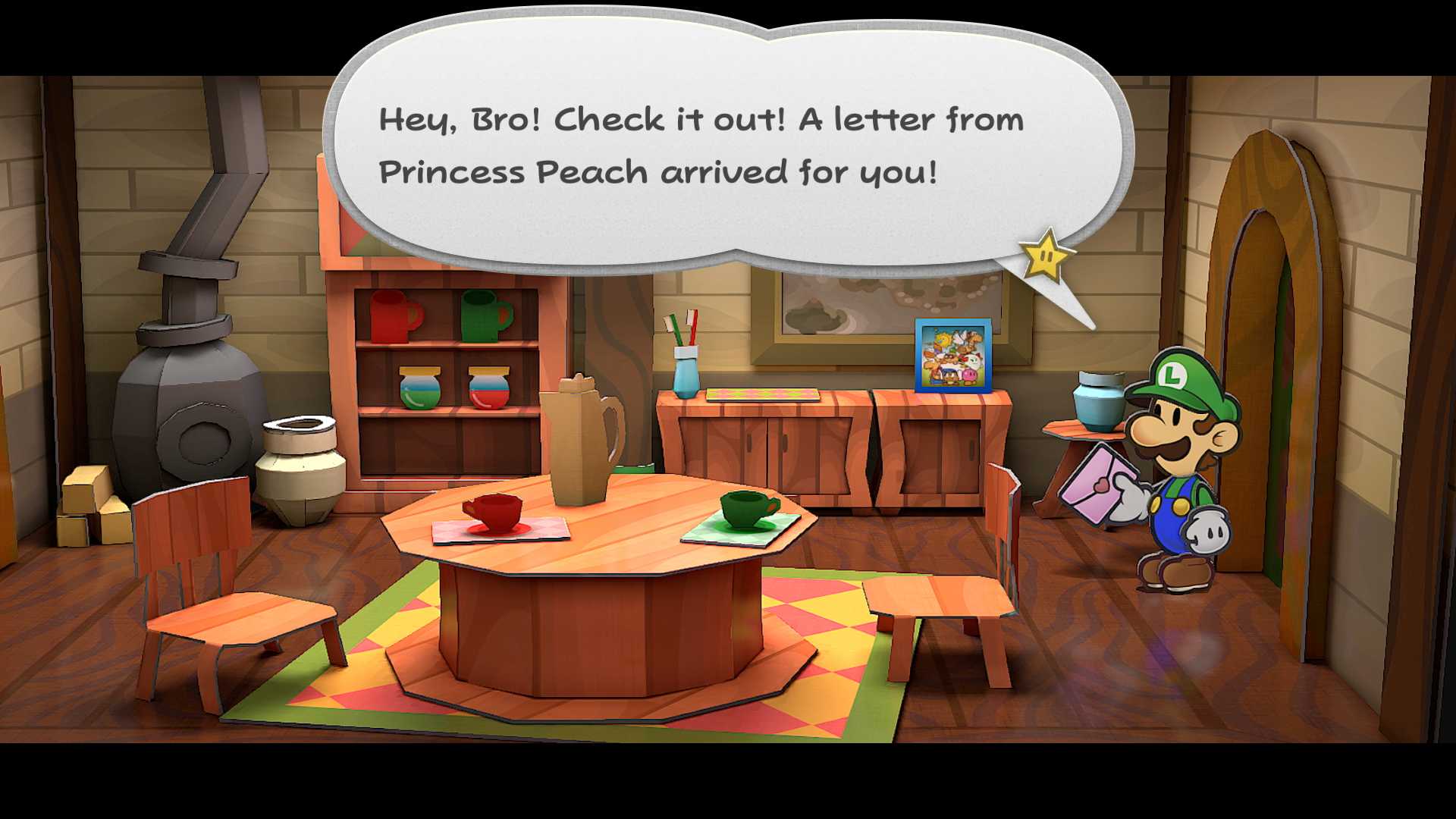 Luigi com a carta da Princesa Peach na mão em Paper Mario: The Thousand-Year Door