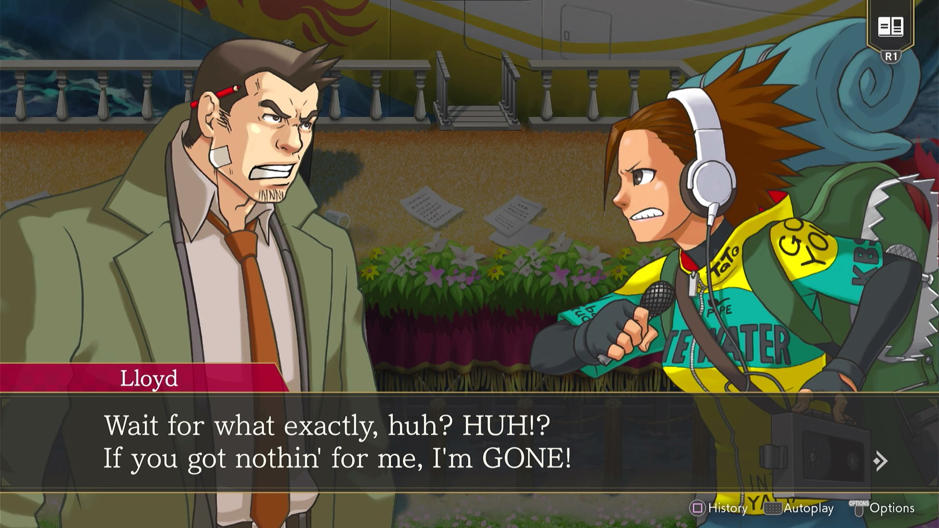 Lloyd e gunshooe discutindo em Ace Attorney Investigations Collection