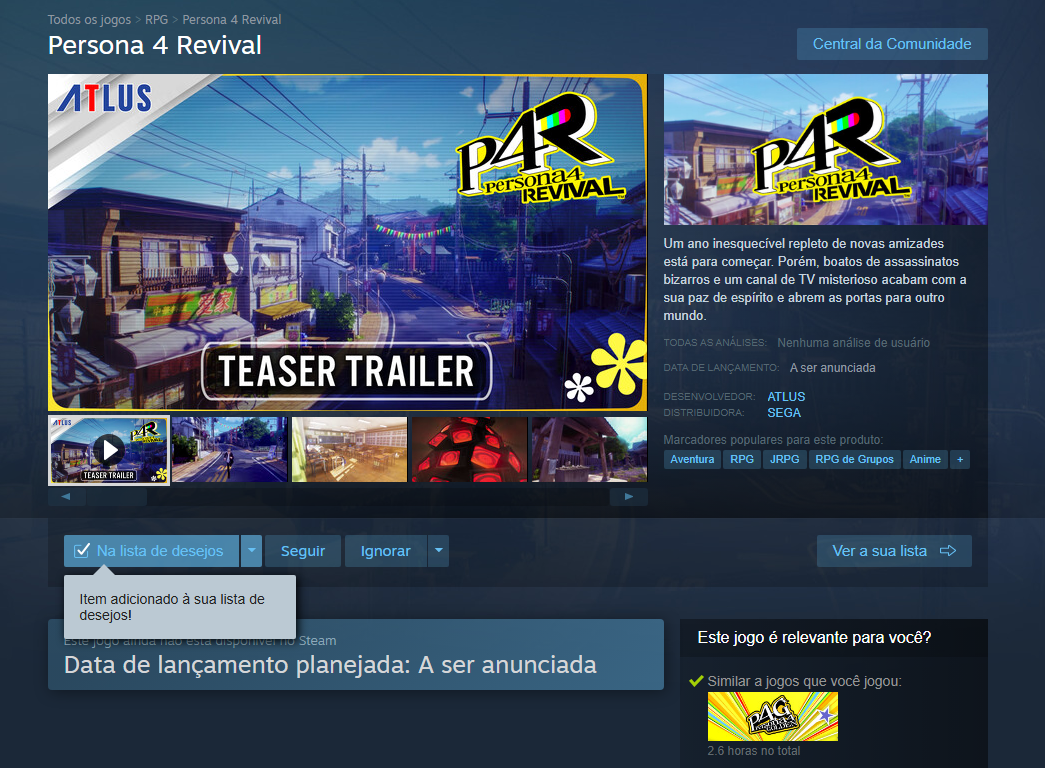 Persona 4 Revival ganha página oficial nos consoles e no PC e confirma legendas em português