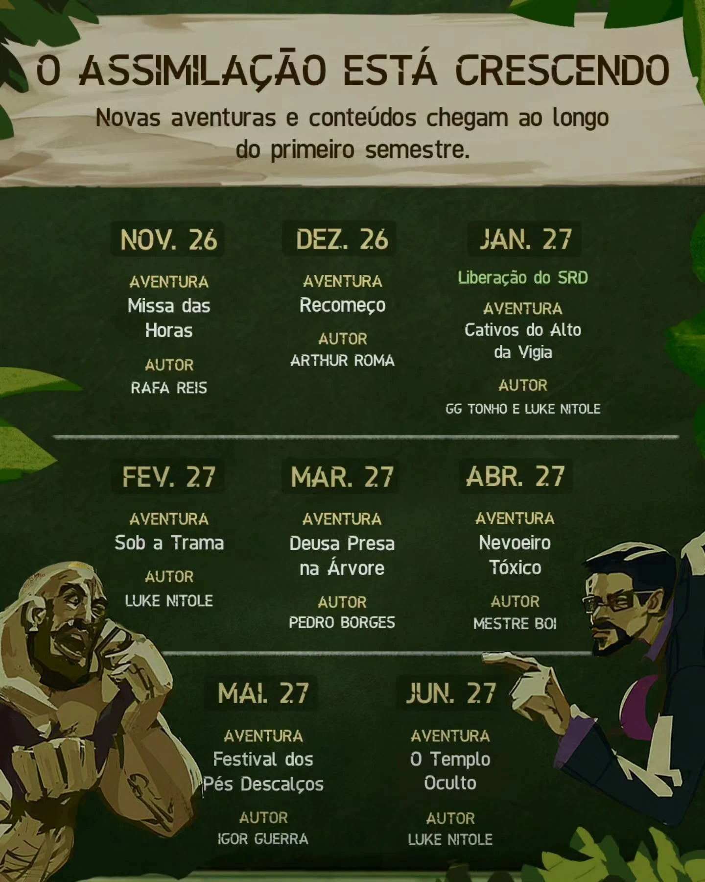 Calendário oficial com oito aventuras de Assimilação RPG de novembro de 2026 a junho de 2027