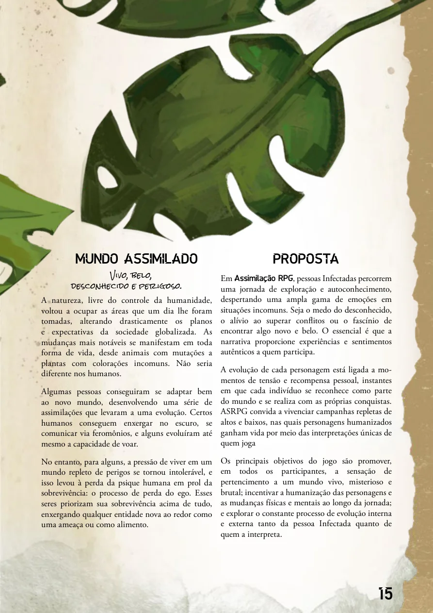 Página ilustrada do livro básico Assimilação RPG mostrando a natureza dominando o cenário