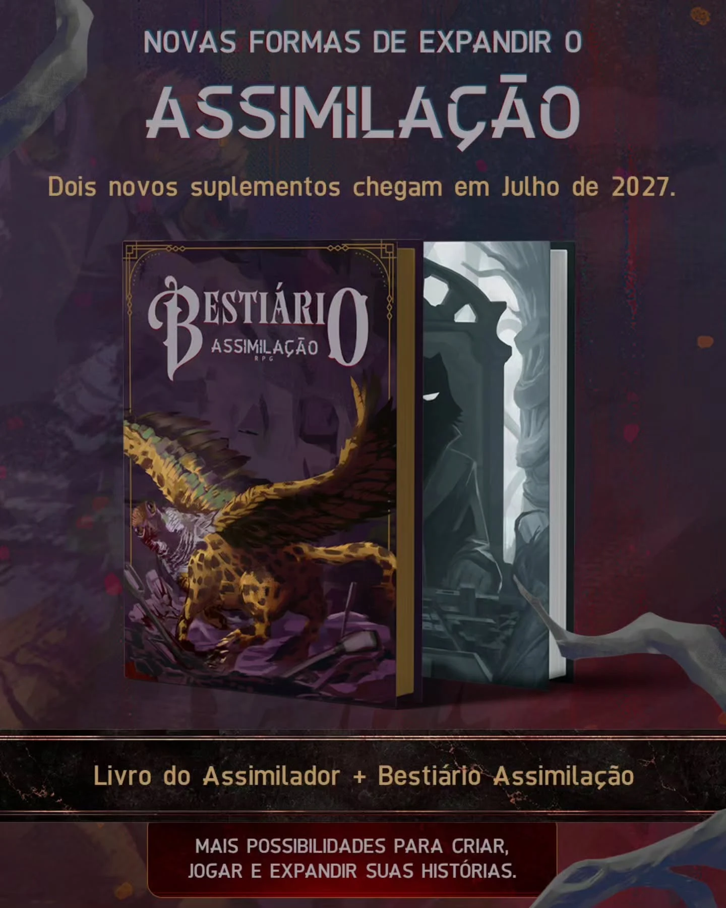 Arte de divulgação dos suplementos Livro do Assimilador e Bestiário Assimilação previstos para julho de 2027
